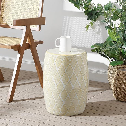JONATHAN Y TBL1019B Moroccan Diamonds 18" Ceramic Drum Indoor/Outdoor Garden Stool Coastal, Contemporary, Transitional, Patio, Garden Room, Bathroom, Living Room, Yellow