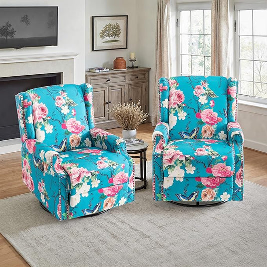Lumibee Recliner Chairs Set of 2, 360° Swivel Rocker Recliner Chair with Footrest High Back, Comfy Upholstered Glider Rocking Chair for Living Room Bedroom (Peacock Blue)