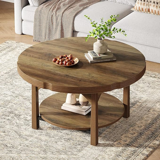 Tribesigns Round Coffee Table, 2-Tier Farmhouse Center Table with Storage Shelf, Rustic Wooden Cocktail Tables for Living Room
