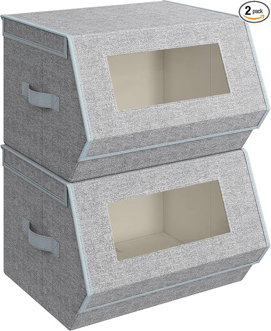 SONGMICS Stackable Storage Bins Set of 2, Storage Boxes with Lids and Front Windows, Non-Woven Fabric Closet Organizers with Magnetic Closures, Side Handles, Dove Gray URLB002W01