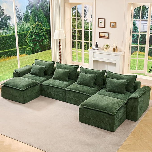 Hobestluk 152" Cloud Modular Sectional Couch 4-Seater Sofa with Ottomans U Shaped Couch Deep Seat Sofa with Removable Cover for Living Room (Green, 4-Seater Sofa with Two Ottomans)