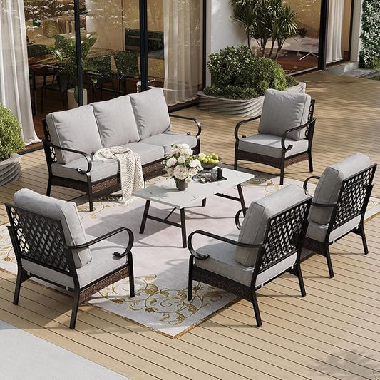 6 Piece Metal Outdoor Patio Furniture Sets, Patio Conversation Sets 1 3-Seater Sofa, 4 Single Sofa with 5.75" Thick Cushion & Coffee Table, Black Frame Backyard Furniture, Light Gray