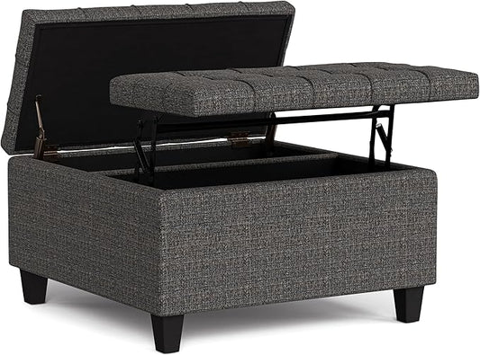 SIMPLIHOME Harrison 30 inch Wide Transitional Square Small Coffee Table Storage Ottoman in Ebony Tweed Polyester, Assembled, for The Living Room and Bedroom