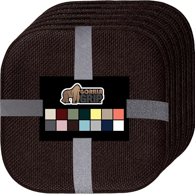GORILLA GRIP Slip Resistant Chair Cushions, No Ties Required, Set of 6 Memory Foam Pads for Dining Room, Kitchen Table, Office, Rocking Chairs, Plush Seat Cover Cushion Pad, Home Decor, 16x16, Brown