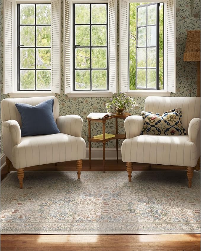 RUGGABLE x Morris & Co Washable Area Rug – Blackthorn Ivory Blue 6x9, Stain-Resistant, Non-Slip – Medium Machine Washable Rugs for Living Room, Bedroom, Hallway, Entryway & Office–with Cushioned Pad
