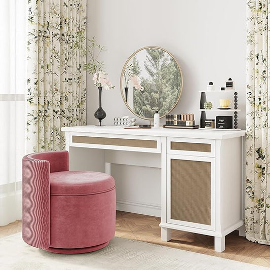 360° Swivel Accent Chair with Storage, Vanity Stool with Back, Velvet Storage Ottoman, Upholstered Round Barrel Vanity Chair for Living Room, Makeup Room, Bedroom (Dusty Rose)