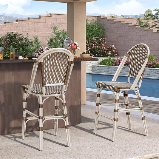 PURPLE LEAF French Bar Stool Set of 4 White Print Finish Patio Bar Stools with Back Rattan Bar Chairs Wicker Bar Height Stool 30" with Footrest Kitchen Island Stools Outdoor Barstool Brown