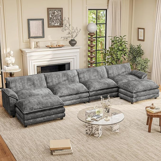 Furniwell Modular Sectional Sofa with Moveable Ottoman, Oversized 3-Seater Couch with Supportive Backrest, Chenille Convertible Sofa Couches for Living Room/Apartment (Grey, U Shaped)