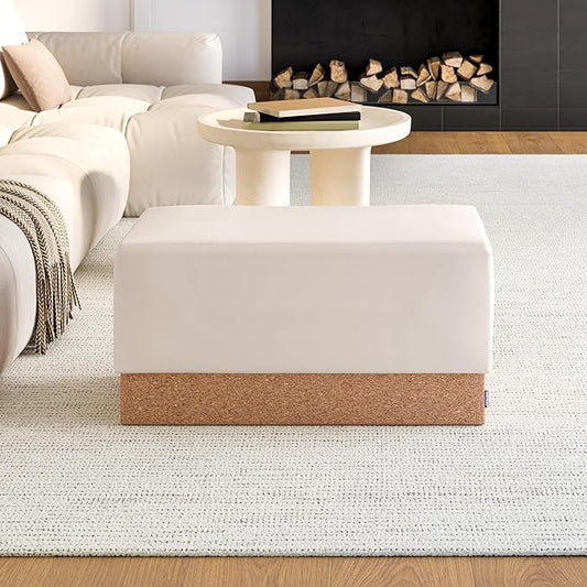 Seville Classics Cushioned Fabric Ottoman Hidden Storage Chest Footrest Chair, Padded Seat for Bedroom, Dorm, Loft, Living Room, Entryway, Hallway, Cork/Cream, 30" Bench