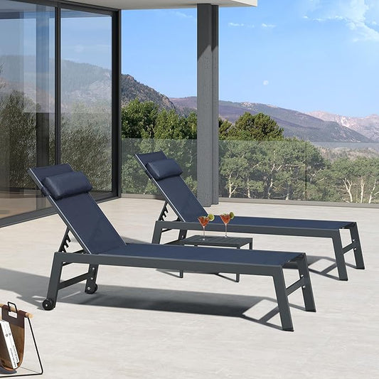 PURPLE LEAF Outdoor Lounge Chair Set of 3 Patio Chaise Pool Lounger Aluminum Frame with Side Table and Wheels for Outside Sunbathing Tanning Recliner Including Pillows Navy Blue
