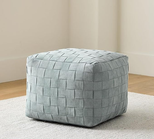 Luxury Handcrafted Suede Basketweave Pouf Ottoman – Soft & Durable Floor Cushion, Footrest, Accent Seating for Living Room, Bedroom, Office Stylish Modern Home Décor (Chambray, 18" x 18" x 14")