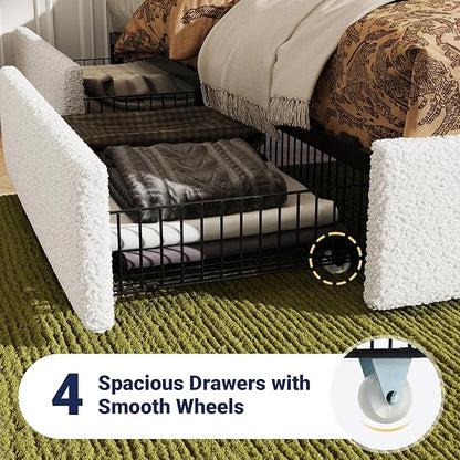 Allewie King Size Bed Frame with 4 Oversized Storage Drawers, Soft Teddy Fabric, Boucle Upholstered Platform Bed, Wooden Slats Support, Noise-Free, No Box Spring Needed, Easy Assembly, White