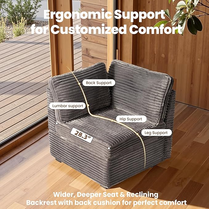 32.7'' Corner Seat for Modular Sectional Sofa, Deep Seat Upholstered Convertible Sleeper Sofas, L/U/V Shaped Plush Corduroy Cloud Couch for Living Room Apartment, Grey
