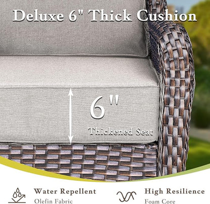 Luxury High Back Outdoor Furniture with 6-inch Extra Thick Cushions, Patio Furniture Set with Swivel Chairs, 5 PCS Wicker Conversation Set for Yard, Deck, Poolside, Brown/Beige