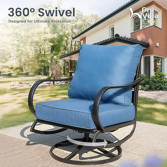 PHI VILLA 7 PCS Patio Furniture Set,Metal Outdoor Furniture with 1x 3 Seater Cushioned Deep Seating Bench Sofa, 2 Swivel Chair, 2 x Leg Chairs & 2 Ottoman for 7 Person, Peacock Blue