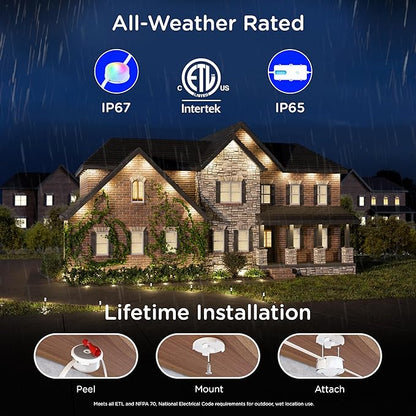 Enbrighten Vibe Eternity Accent Permanent Outdoor Lights for House, 50ft, 12 RGBWIC LEDs, Wide Spacing, 94lm, Tunable White, Everyday Eave Lighting, Smart App, Works with Alexa, Google Home, 85709