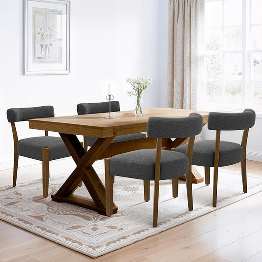 Modern Dining Chairs Set of 4, Walnut Upholstered Kitchen & Dining Room Chairs, Mid Century Wooden Dining Chairs Oversized Sturdy Fabric Rounded Chairs Curved Back, Dark Grey