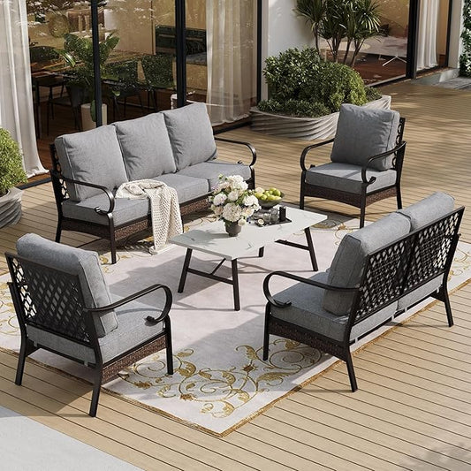 5 Piece Metal Outdoor Patio Furniture Set, Patio Conversation Set with 1 3-Seater Sofa, 2 Fixed Sofa with 5.75" Thick Cushion & Coffee Table, Black & Gray Backyard Furniture