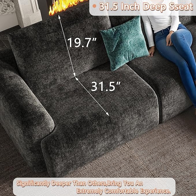 EASE MOOSE Sectional Cloud Couch Oversized for Living Room, 7-Seat Modular Boneless Sofa U-Shaped Sofa with Ottoman, No-Assembly Chenille Couch, Dark Grey