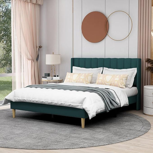 AGARTT Upholstered Platform Bed Frame Queen Size with Headboard and Footboard/Wooden Slats Support/No Box Spring Needed/Easy Assembly, Green Velvet