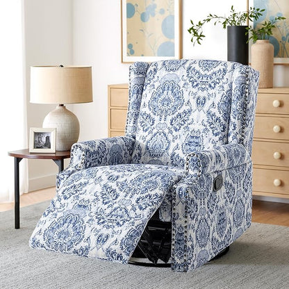 Pia Ricco Swivel Glider Recliner Chairs Set of 2, High Back Rocker Reclining Accent Chair with Smooth Manual Mechanism for Nursery, Comfortable & Quiet Upholstered Armchair Seating-Bule Pattern