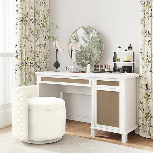 360° Swivel Accent Chair with Storage, Vanity Stool with Back, Velvet Storage Ottoman, Upholstered Round Barrel Vanity Chair for Living Room, Makeup Room, Bedroom (Off White)