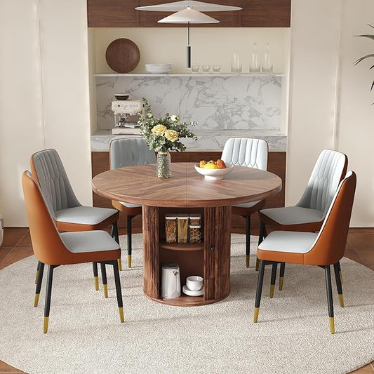 Round Dining Table Set for 6 with Two Storage, 47" Round Dining Table with 6 PU Leather Chairs, 7 Piece Kitchen Table Chairs Set of 6 with 1.7” Thick Wood Top, Roman Column Pedestal, Space-Saving