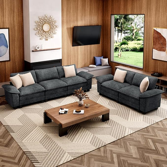 L-Shaped Cloud Modular Sofa Set with Chaise Lounge, 5-Piece Sectional & Deep Seat, Plush Chenille w/Removable Arms for Living Room - Cyan