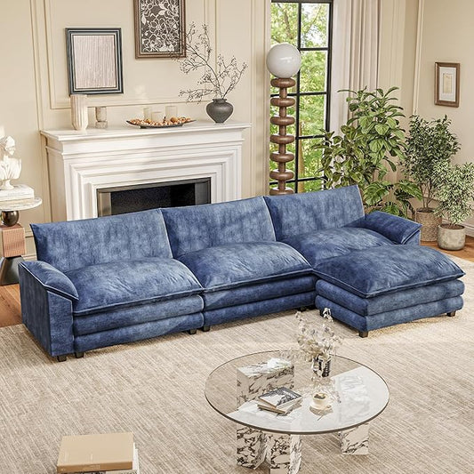 Furniwell Modular Sectional Sofa with Moveable Ottoman, Oversized 3-Seater Couch with Supportive Backrest, Chenille Convertible Sofa Couches for Living Room/Apartment(L Shaped,Blue)