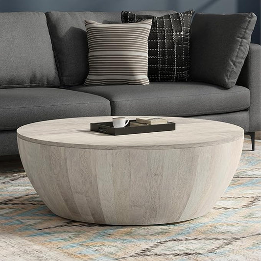 SIMPLIHOME Elmbrook Coffee Table - 34 inch Wide Solid Mango Wood Modern Industrial Round Drum Cocktail Table in White Wash, Sculptural Living Room Table with Low Profile Design, Assembled