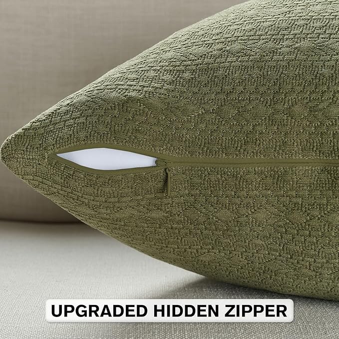 FUTEI Moss Green Chenille Throw Pillow Covers 20x20 Inch Set of 2,Soft Striped & Diamond Textured Cushion Cases,Modern Home Decor for Couch Living Room