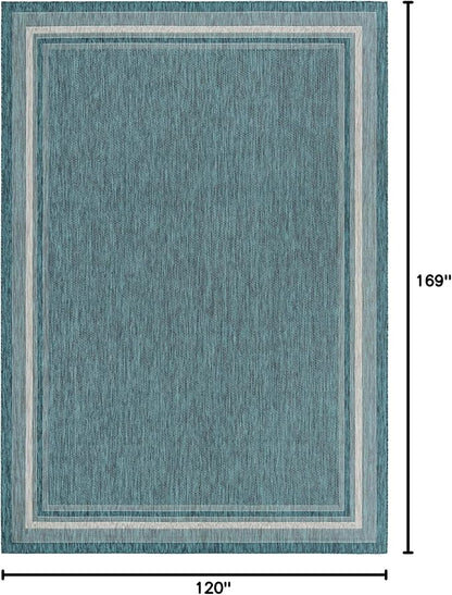 Unique Loom Outdoor Border Collection Area Rug - Soft Border (10'x 14' 1" Rectangle, Teal/ Ivory)