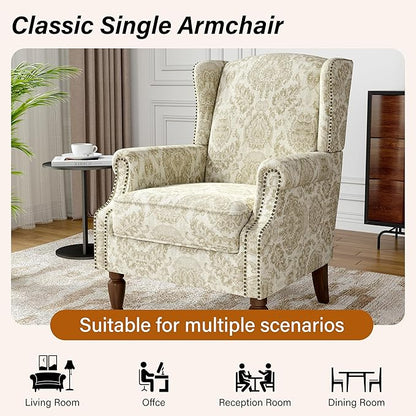 Wingback Accent Chair, High Back Upholstered Armchair, Printed Fabric Wingback Arms Chairs with Wood Legs, Single Sofa Reading Chair for Bedroom Living Room, White