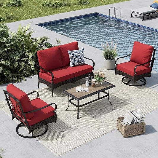 MFSTUDIO 4 Pieces Outdoor Patio Furniture Set, Metal Outdoor Conversation Set, Rattan Wicker Patio Sectional Sofa Set with 2 x Swivel Single Sofa, 2-Seat Sofa, 1 x Coffee Table, Red