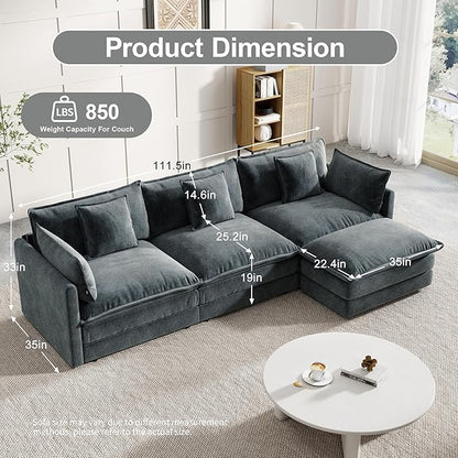 Modular Sectional Sofa, 111.5 Inch L-Shaped Cloud Sofa with Deep Seat Chenille Sofa with Cushions, Three-Self Sectional Sofa for Living Room Apartment,Gray