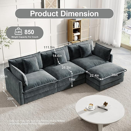 Modular Sectional Sofa, 111.5 Inch L-Shaped Cloud Sofa with Deep Seat Chenille Sofa with Cushions, Three-Self Sectional Sofa for Living Room Apartment,Gray