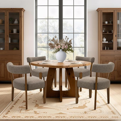 Modern Dining Chairs Set of 8, Walnut Upholstered Kitchen & Dining Room Chairs, Mid Century Wooden Dining Chairs Oversized Sturdy Fabric Rounded Chairs Curved Back, Tan Brown