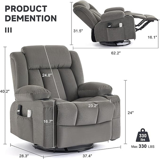 Power Swivel Rocker Recliner Chair with Heat and Massage, USB and Type-C Charging Port, Electric Glider Rocking Chairs, Oversized Recliner Chairs for Adults(Fabric, Grey)