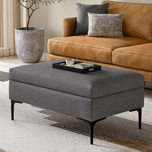 SIMPLIHOME Rebecca 36 inch Wide Mid Century Rectangular Coffee Table Storage Ottoman with Lift Up Lid in Slate Grey Polyester Linen Look, Assembled, for The Living Room, Entryway and Family Room