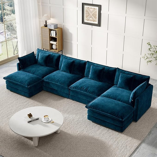 Modular Sectional Sofa, 146.5 Inch U-Shaped Cloud Sofa with Deep Seat Chenille Sofa with Cushions, Four Seater Sectional Sofa for Living Room Apartment,Blue