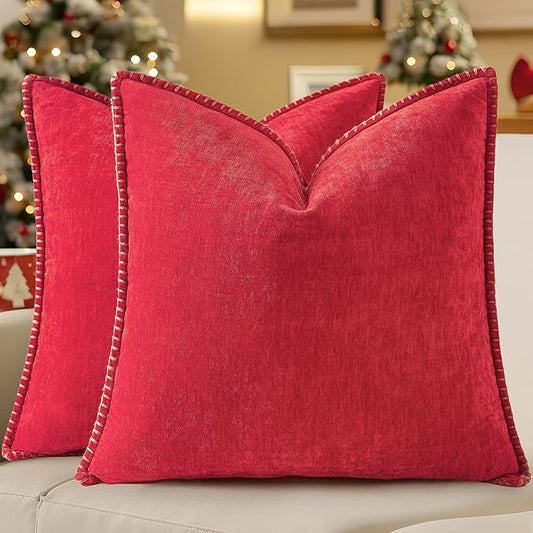 decorUhome Christmas Chenille Soft Throw Pillow Covers 22x22 Set of 2, Farmhouse Velvet Neutral Decorative Euro Pillow Covers with Stitched Edge for Couch Sofa Bed Home Decor, Christmas Red