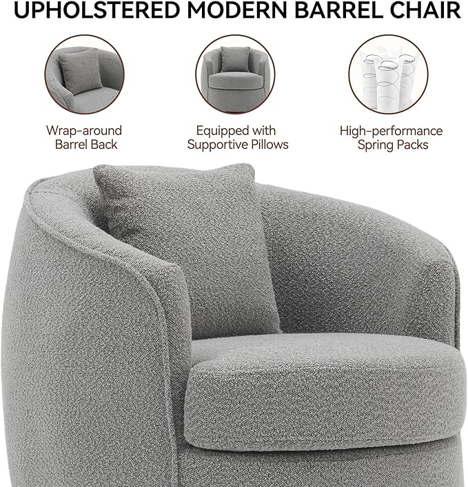 Swivel Accent Chair Set of 2, Modern Upholstered Boucle Barrel Arm Chairs with Pillow for Living Room, 360 Degree Round Swivel Sherpa Armchair with Round Base for Bedroom Club (2, Grey)