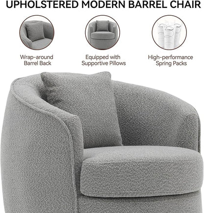Swivel Accent Chair Set of 2, Modern Upholstered Boucle Barrel Arm Chairs with Pillow for Living Room, 360 Degree Round Swivel Sherpa Armchair with Round Base for Bedroom Club (2, Grey)