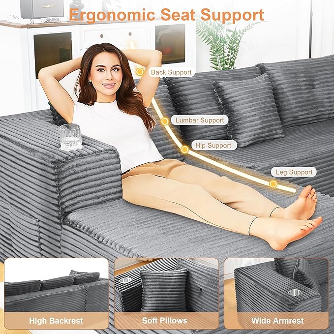 Modular Sectional Sofa, L Shaped Comfy Cloud Couch with Deep Seat, Boneless Couch for Living Room, Modern Corduroy Sectional Sofa with Chaise, No Assembly Required, Sofa in A Box, Dark Gray