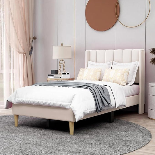 AGARTT Upholstered Platform Bed Frame Twin Size with Headboard and Footboard/Wooden Slats Support/No Box Spring Needed/Easy Assembly,Beige Velvet