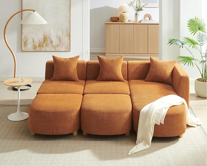 VANOMi 109.84" Modular Sectional Sofa with 3 Pillows, Convertible 5-Seater Comfy Boucle Cloud Couch with Ottoman, Modern Sectional Sofas for Living Room, Office, Apartment (Curry)