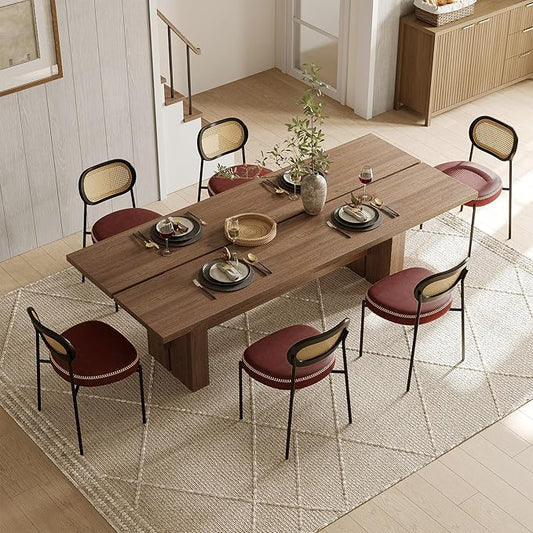 Rattan Dining Chairs Set of 6, Wine Leather Upholstered Dining Chairs with Rattan Cane Back, Mid Century Modern Dining Room Chairs with Black Metal Legs & D-Shaped Thicken Cushion, Wine