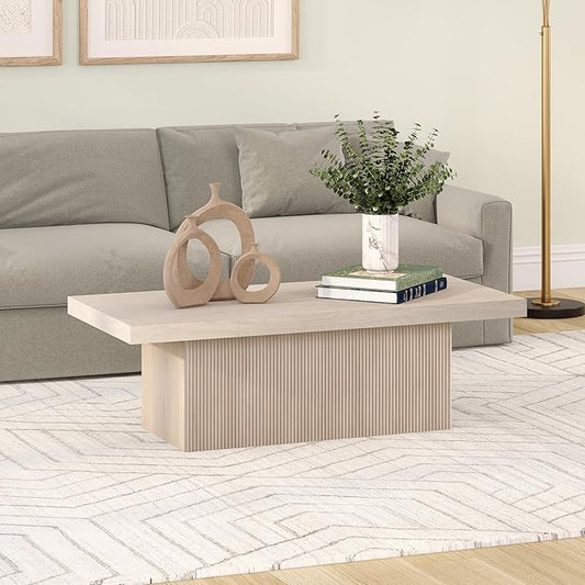 Henn&Hart 48" Fluted Low-Profile Coffee Table with Solid Base for Living Room, Family Room, or Office, Alder White