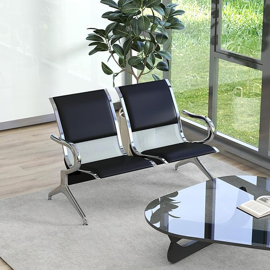Kinsuite 2-Seat Waiting Room Bench - PU Leather Waiting Room Chairs with Arms & Non-Slip Foot Mats, Reception Chairs Guest Chair for Office Airport Bank Salon, Black