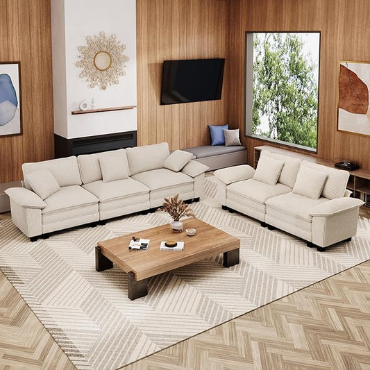 L-Shaped Cloud Modular Sofa Set with Chaise Lounge, 5-Piece Sectional & Deep Seat, Plush Corduroy w/Removable Arms for Living Room - Beige